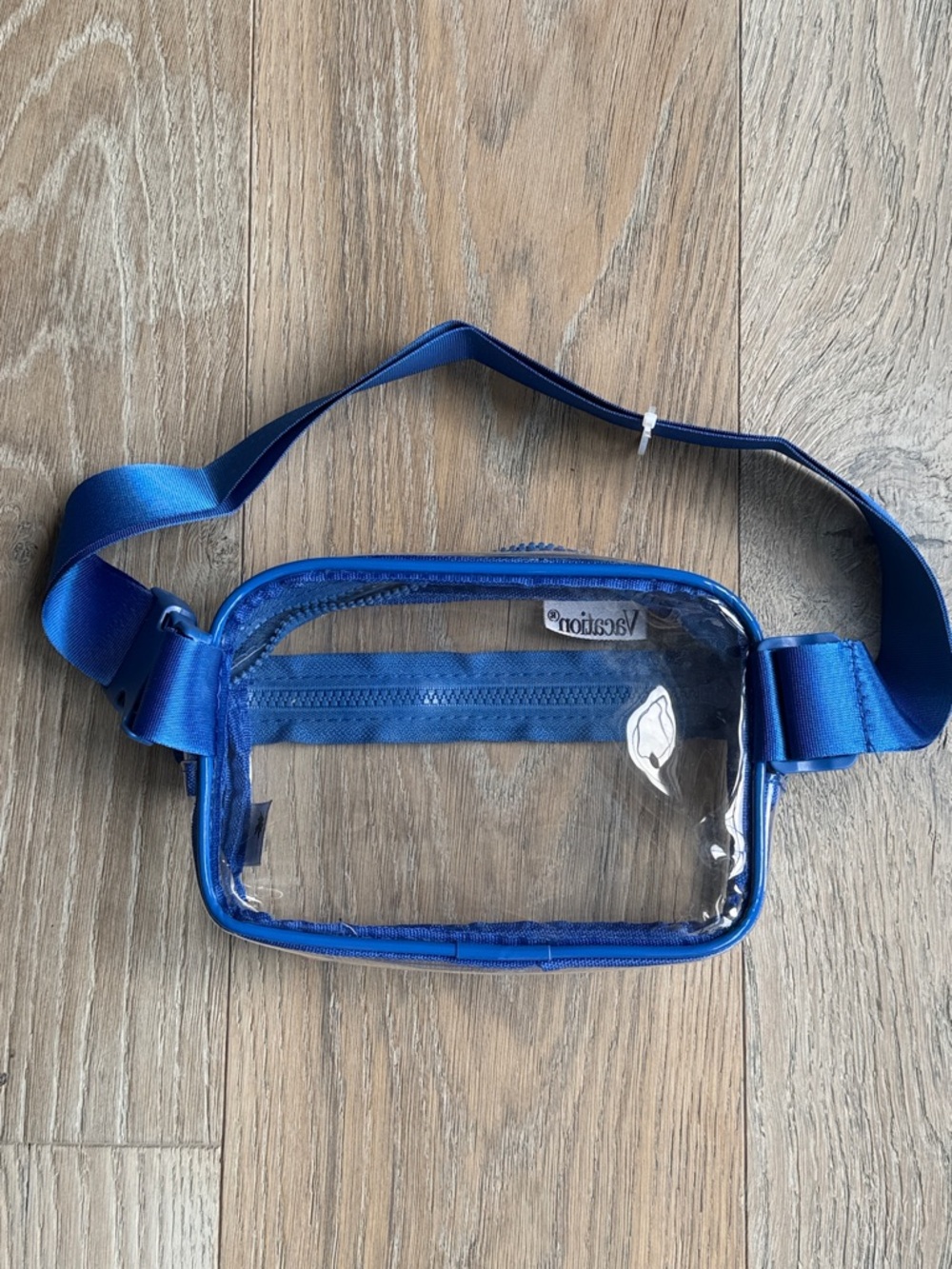 Vacation Clear Travel Crossbody Bag Blue Trim Top &  Front Access Zippers- 7x5x2